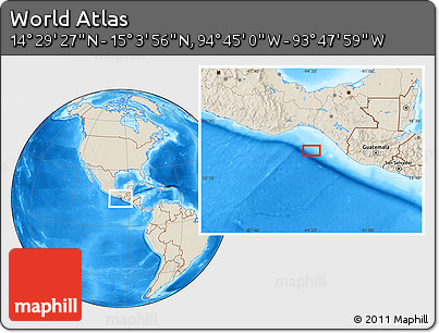 Shaded Relief Location Map of the Area around 14° 46' 42" N, 94° 16' 30" W