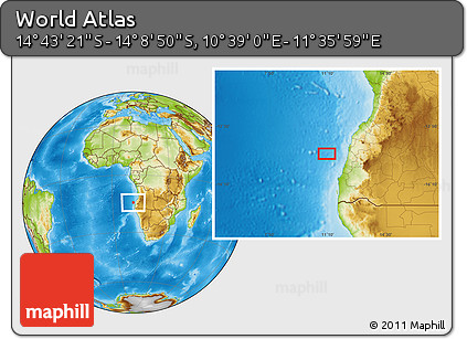 Physical Location Map of the Area around 14° 26' 6" S, 11° 7' 30" E