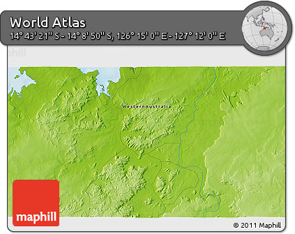 Physical 3D Map of the Area around 14° 26' 6" S, 126° 43' 29" E