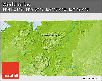 Physical 3D Map of the Area around 14° 26' 6" S, 126° 43' 29" E