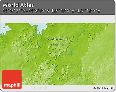 Physical 3D Map of the Area around 14° 26' 6" S, 126° 43' 29" E