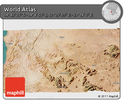 Satellite 3D Map of the Area around 14° 26' 6" S, 12° 49' 29" E