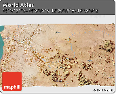 Satellite 3D Map of the Area around 14° 26' 6" S, 12° 49' 29" E
