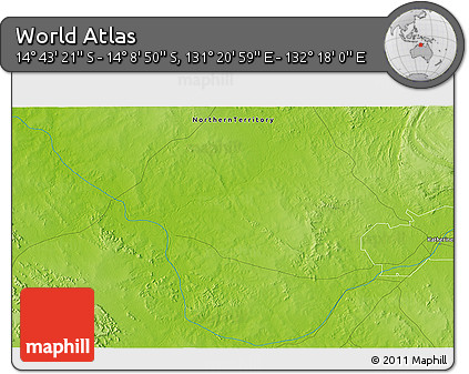 Physical 3D Map of the Area around 14° 26' 6" S, 131° 49' 29" E