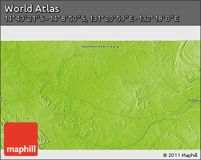 Physical 3D Map of the Area around 14° 26' 6" S, 131° 49' 29" E