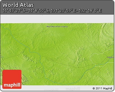 Physical 3D Map of the Area around 14° 26' 6" S, 131° 49' 29" E