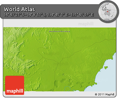 Physical 3D Map of the Area around 14° 26' 6" S, 135° 13' 29" E