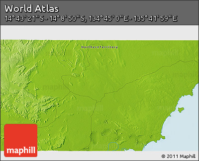 Physical 3D Map of the Area around 14° 26' 6" S, 135° 13' 29" E