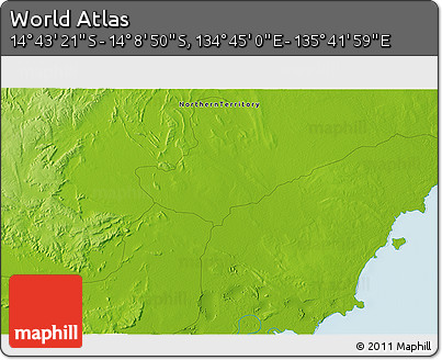 Physical 3D Map of the Area around 14° 26' 6" S, 135° 13' 29" E