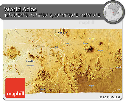 Physical 3D Map of the Area around 14° 26' 6" S, 13° 40' 30" E