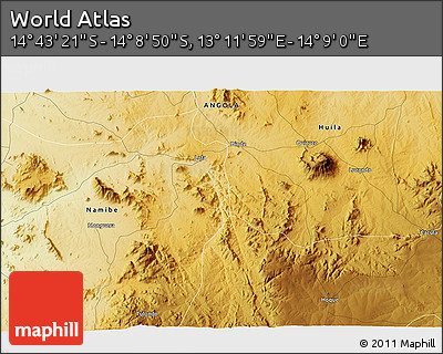 Physical 3D Map of the Area around 14° 26' 6" S, 13° 40' 30" E