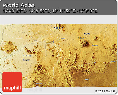 Physical 3D Map of the Area around 14° 26' 6" S, 13° 40' 30" E
