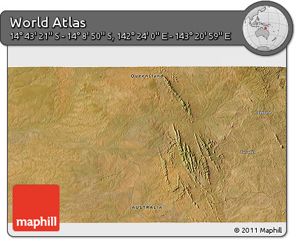 Satellite 3D Map of the Area around 14° 26' 6" S, 142° 52' 30" E