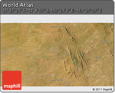 Satellite 3D Map of the Area around 14° 26' 6" S, 142° 52' 30" E