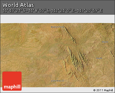 Satellite 3D Map of the Area around 14° 26' 6" S, 142° 52' 30" E