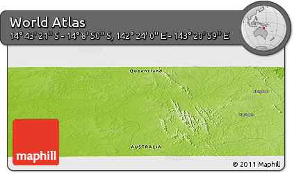 Physical Panoramic Map of the Area around 14° 26' 6" S, 142° 52' 30" E