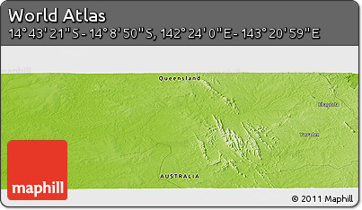 Physical Panoramic Map of the Area around 14° 26' 6" S, 142° 52' 30" E