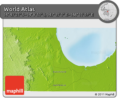 Physical 3D Map of the Area around 14° 26' 6" S, 143° 43' 29" E