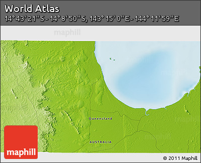 Physical 3D Map of the Area around 14° 26' 6" S, 143° 43' 29" E