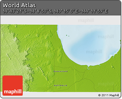 Physical 3D Map of the Area around 14° 26' 6" S, 143° 43' 29" E