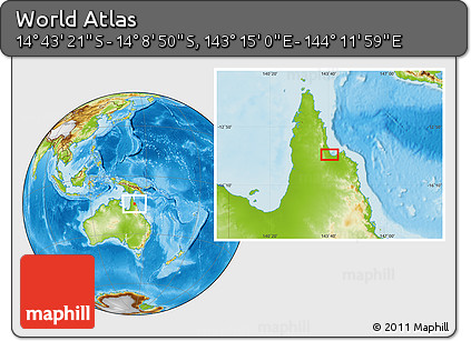 Physical Location Map of the Area around 14° 26' 6" S, 143° 43' 29" E