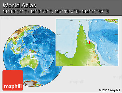 Physical Location Map of the Area around 14° 26' 6" S, 143° 43' 29" E