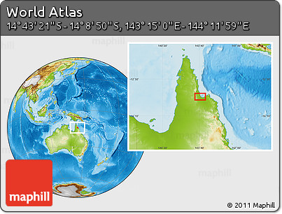 Physical Location Map of the Area around 14° 26' 6" S, 143° 43' 29" E