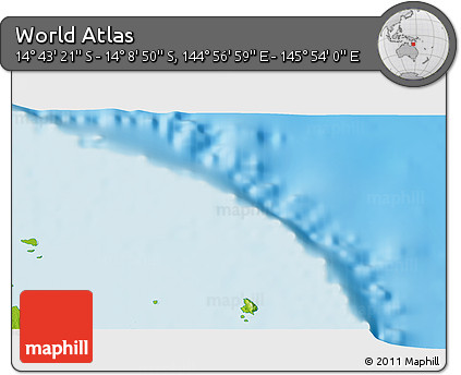 Physical 3D Map of the Area around 14° 26' 6" S, 145° 25' 30" E