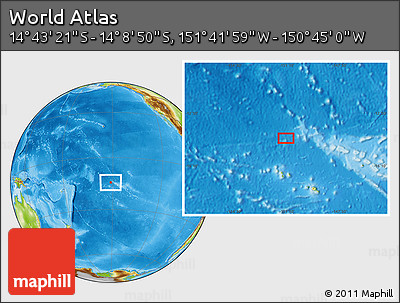 Physical Location Map of the Area around 14° 26' 6" S, 151° 13' 29" W
