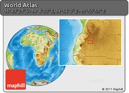 Physical Location Map of the Area around 14° 26' 6" S, 15° 22' 30" E