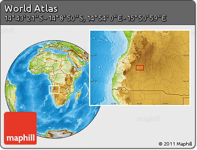 Physical Location Map of the Area around 14° 26' 6" S, 15° 22' 30" E