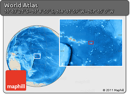 Shaded Relief Location Map of the Area around 14° 26' 6" S, 168° 13' 29" W