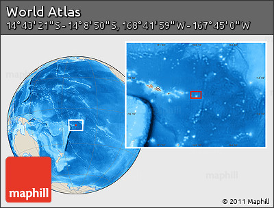 Shaded Relief Location Map of the Area around 14° 26' 6" S, 168° 13' 29" W