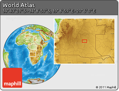 Physical Location Map of the Area around 14° 26' 6" S, 19° 37' 30" E