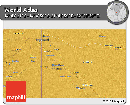 Physical 3D Map of the Area around 14° 26' 6" S, 22° 10' 29" E