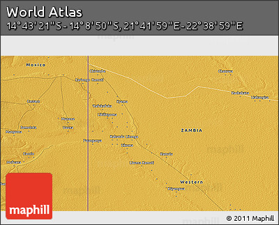 Physical 3D Map of the Area around 14° 26' 6" S, 22° 10' 29" E