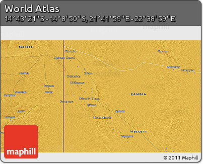 Physical 3D Map of the Area around 14° 26' 6" S, 22° 10' 29" E