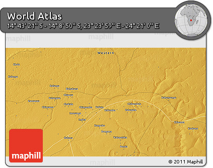 Physical 3D Map of the Area around 14° 26' 6" S, 23° 52' 30" E
