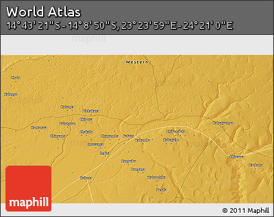 Physical 3D Map of the Area around 14° 26' 6" S, 23° 52' 30" E