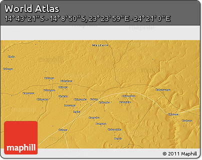 Physical 3D Map of the Area around 14° 26' 6" S, 23° 52' 30" E
