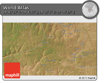 Satellite 3D Map of the Area around 14° 26' 6" S, 24° 43' 30" E