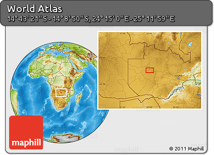 Physical Location Map of the Area around 14° 26' 6" S, 24° 43' 30" E