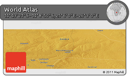 Physical Panoramic Map of the Area around 14° 26' 6" S, 25° 34' 30" E