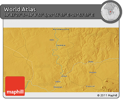 Physical 3D Map of the Area around 14° 26' 6" S, 26° 25' 29" E