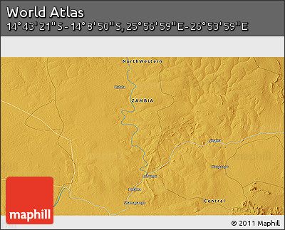 Physical 3D Map of the Area around 14° 26' 6" S, 26° 25' 29" E