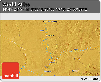 Physical 3D Map of the Area around 14° 26' 6" S, 26° 25' 29" E