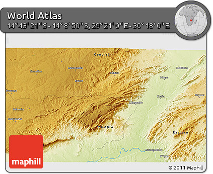 Physical 3D Map of the Area around 14° 26' 6" S, 29° 49' 30" E