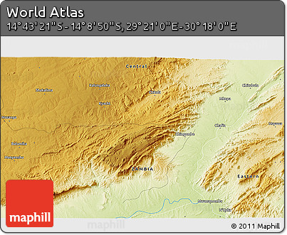 Physical 3D Map of the Area around 14° 26' 6" S, 29° 49' 30" E
