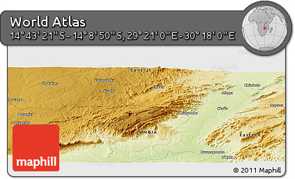 Physical Panoramic Map of the Area around 14° 26' 6" S, 29° 49' 30" E