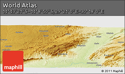Physical Panoramic Map of the Area around 14° 26' 6" S, 29° 49' 30" E